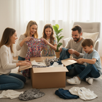 Family unboxing mystery clothing box together