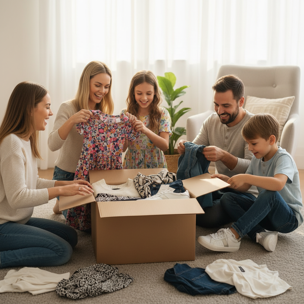 Family unboxing mystery clothing box together