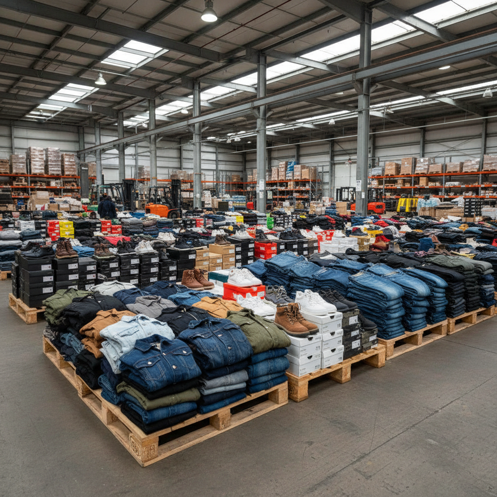 Wide warehouse shot with multiple clothing and shoe pallets