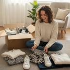 Woman surrounded by new clothes and shoes from mystery box