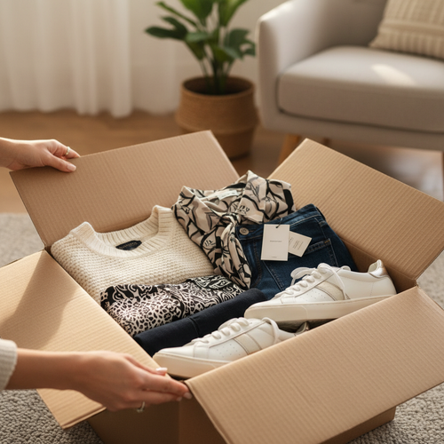 Unboxing mystery clothing box lifestyle photo