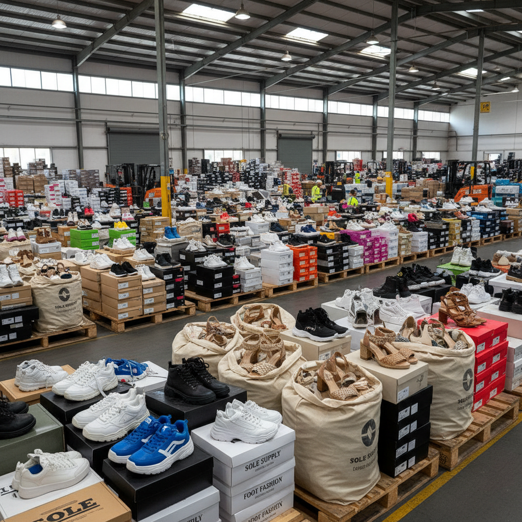 Warehouse pallets loaded with brand new shoes