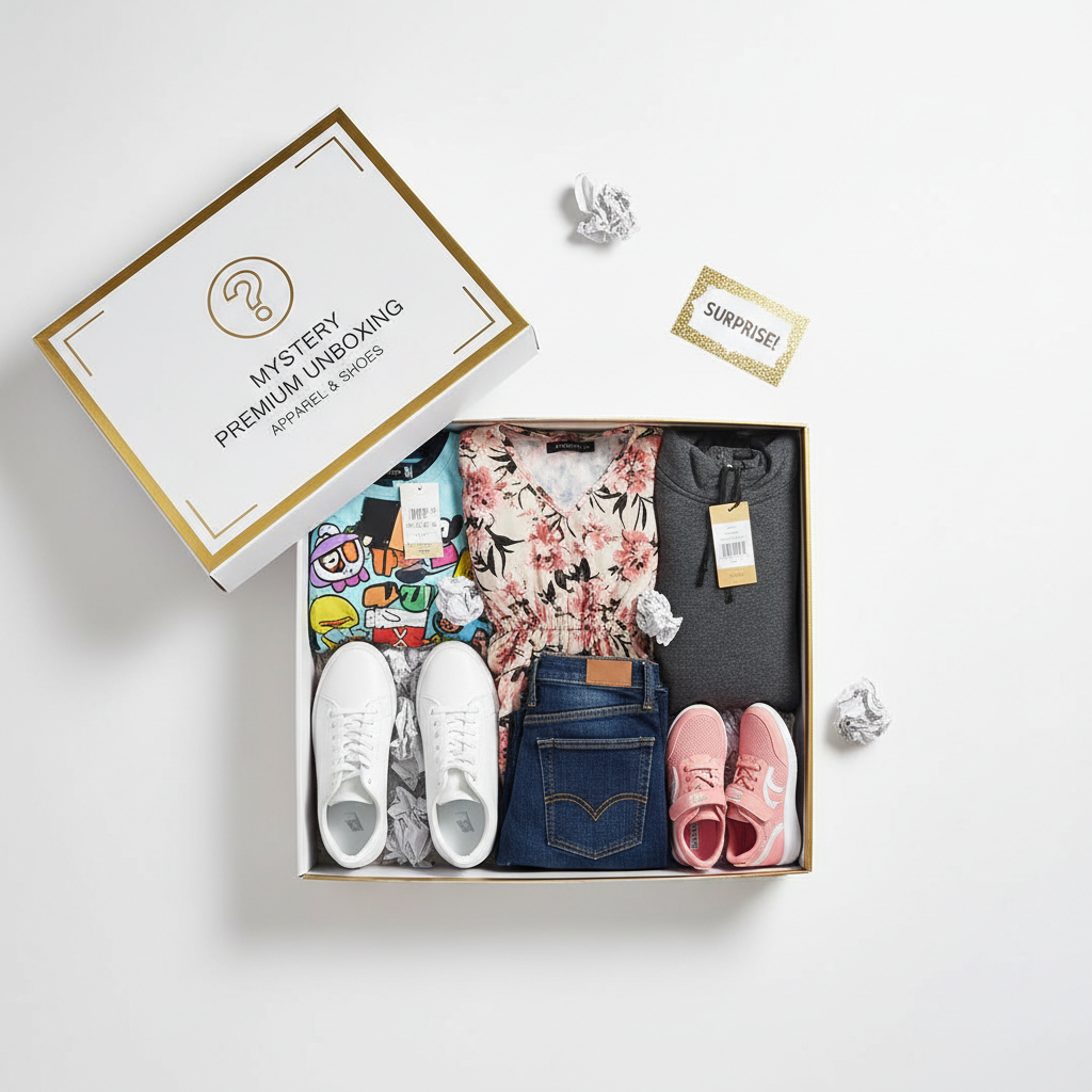 Mystery box filled with brand-new clothing and shoes for all ages
