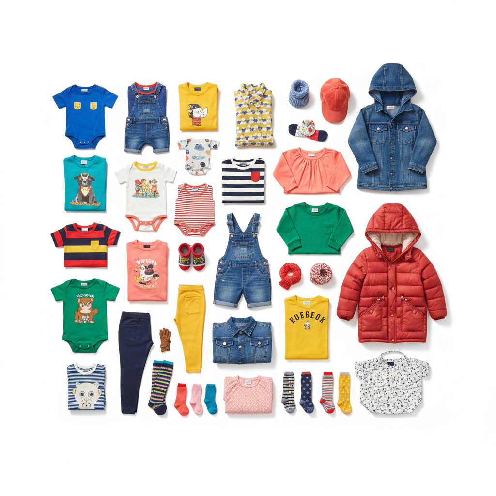 Mixed apparel flat lay for all ages