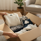 Hands opening mystery clothing box