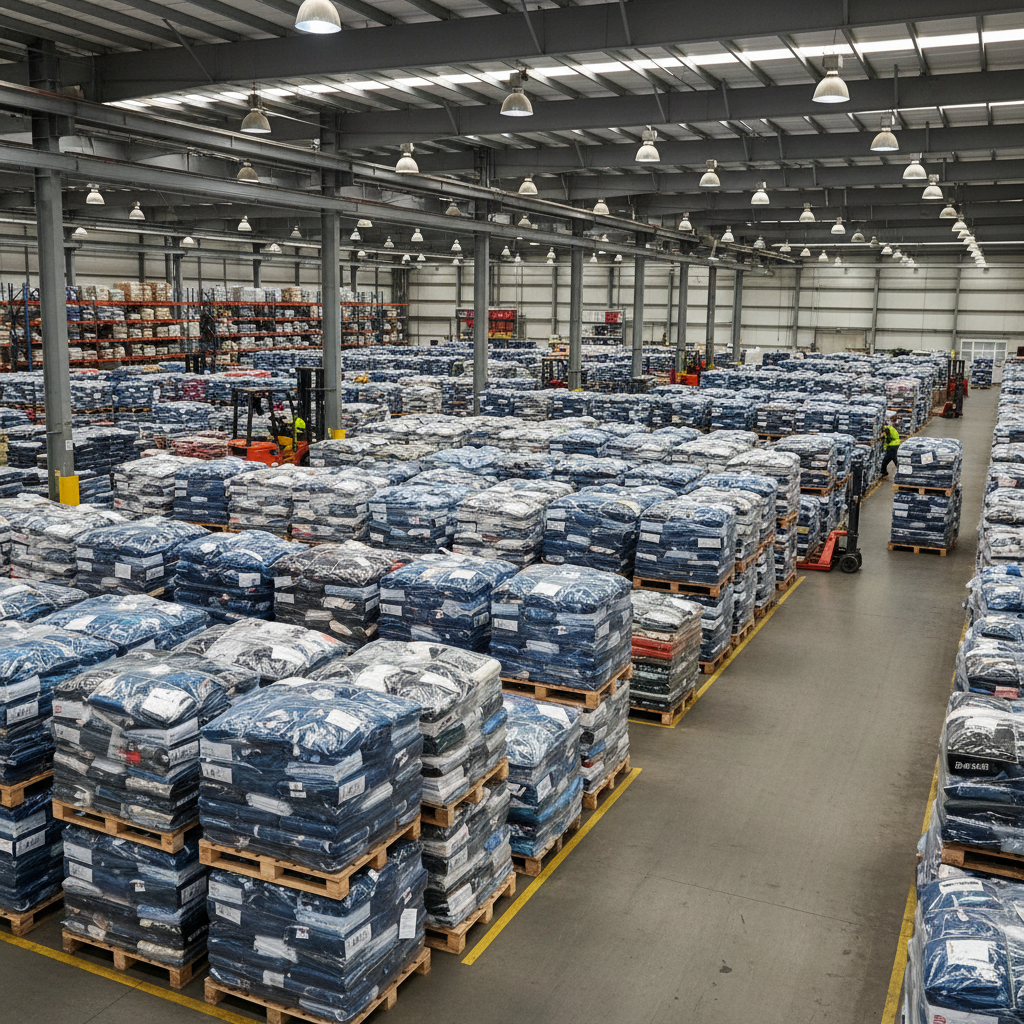 Warehouse pallets stacked with brand new clothing