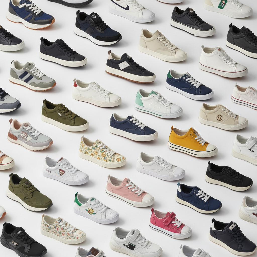 Assorted brand new sneakers and shoes flat lay